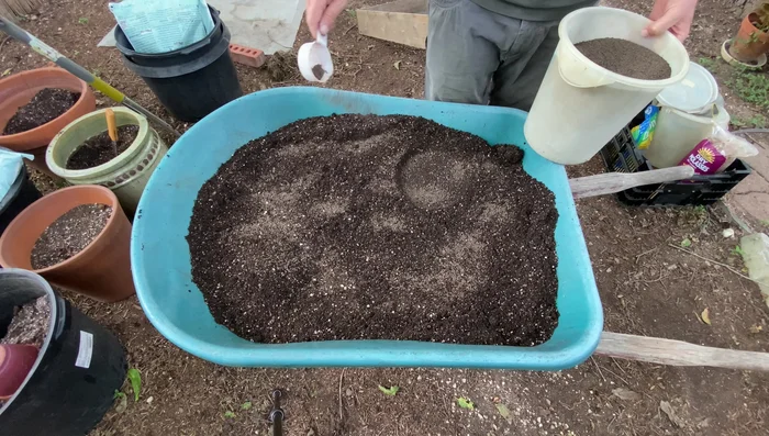 Add soil amendments such as Dr. Iron (for pH adjustment), dry molasses (for microbes), kelp meal, azomite, and humate (optional, for additional nutrients).
