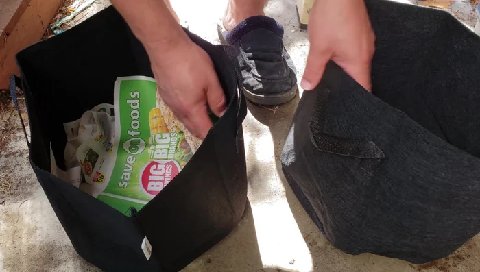 Prepare the fabric grow bags by lining the bottom with newspaper and partially filling them with organic potting mix.