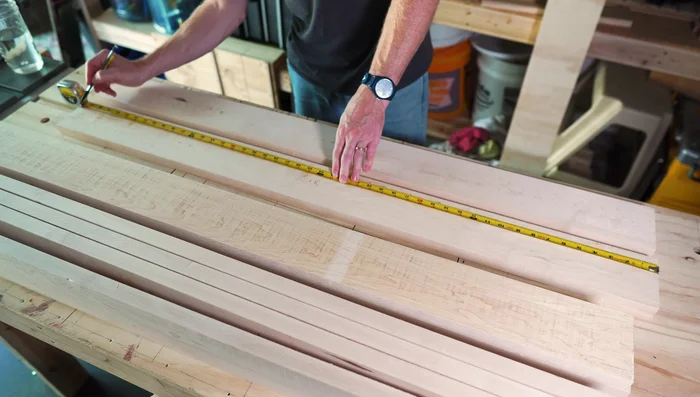 Prepare lumber: Flatten one side of each board using a jointing sled and plane the other side to match. Cut all pieces to length using a table saw sled.