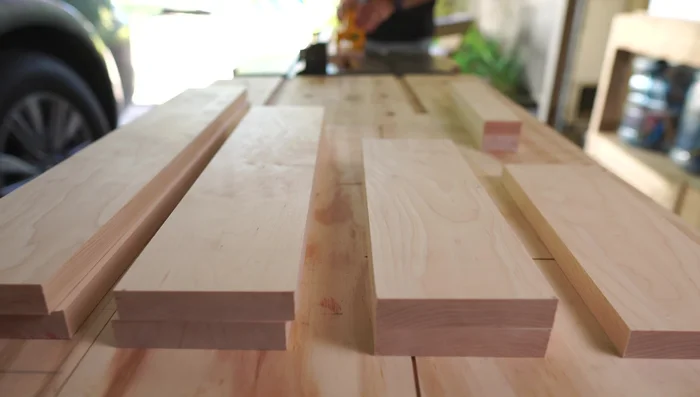 Rip boards to final width. All stand pieces are the same width, so set the fence once and repeat cuts.